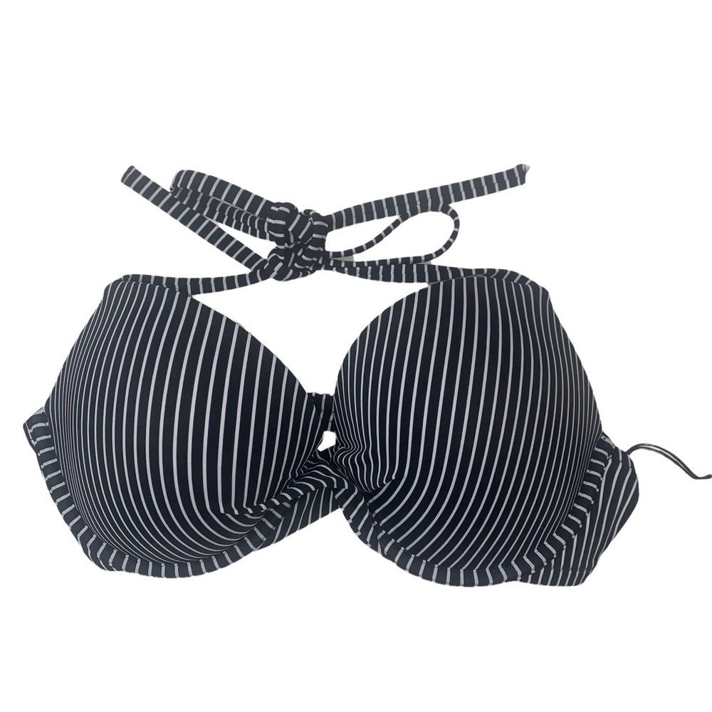 Shade & Shore Womens Size 34D Bikini Halter Swim Top Wired Black Striped White